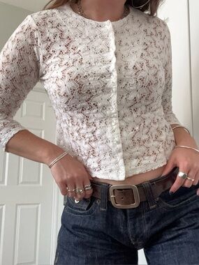 Women’s White Lace Long-Sleeve Button-Up Top